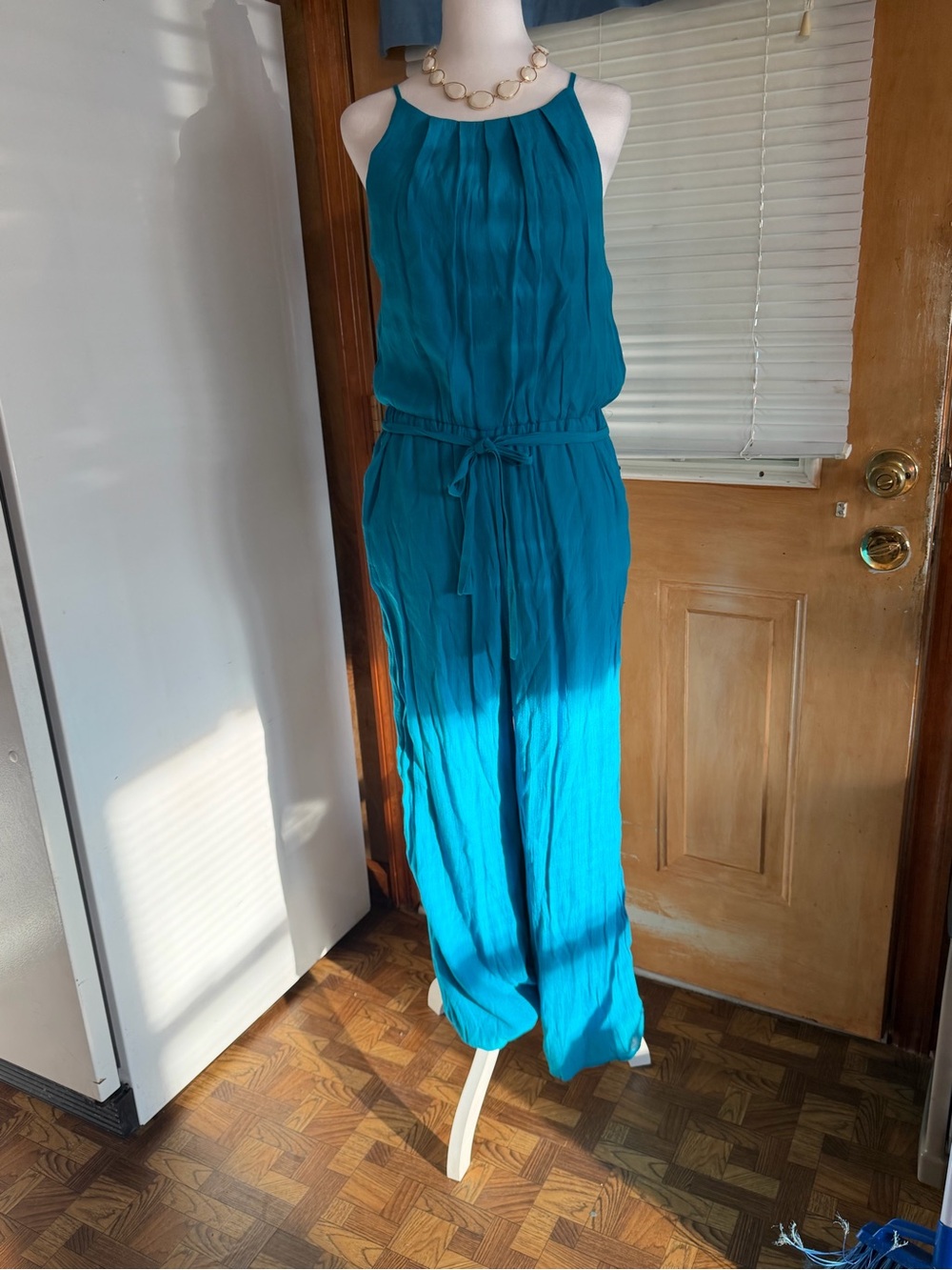 Tacera Teal Halter Jumpsuit with Tie Waist
